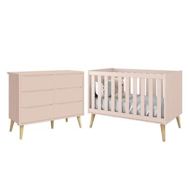Imagem de Jogo De Quarto Infantil Theo Cômoda 6 Gavetas E Berço Rosa Fosco Com Pés Madeira Natural Reller Móveis Rosa Fosco