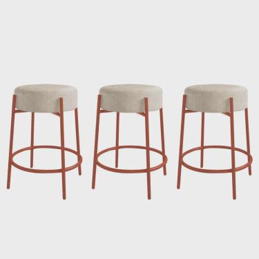 Imagem de Kit 03 Banquetas Alta Sintra 65cm Redonda Ferro Bronze Linho Nude - Ahazzo Móveis