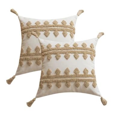 Imagem de Andreannie Pacote com 2 capas de almofada Boho Tufting bordadas texturizadas com borlas macias para decoração de casa para sofá 45,7 x 45,7 cm (listra marrom boê)