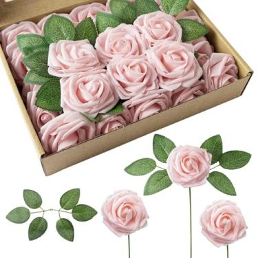 Imagem de WOWBEAUTY Flores artificiais de rosas falsas, aparência real, 50 peças de rosas falsas de espuma com hastes para buquês de casamento, centros de mesa, chás de panela, festas e decoração de casa