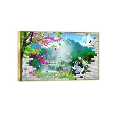 Imagem de Imagem de arte de parede Chinoiserie - Pintura de paisagem chinesa em tela - Montanha árvore cachoeira flores - Pôster e impressões de moldura dourada 30x50cm12x20in