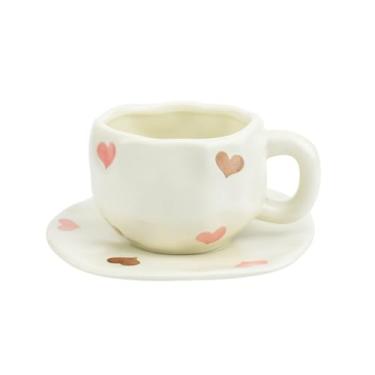 Imagem de Koythin Caneca de café de cerâmica com conjunto de pires, copo de amor fofo exclusivo para escritório e casa, 300 ml para chá com leite e leite