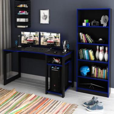 Imagem de Kit Gamer Mesa para Computador com Estante Multiuso Preto Azul TecnoMobili