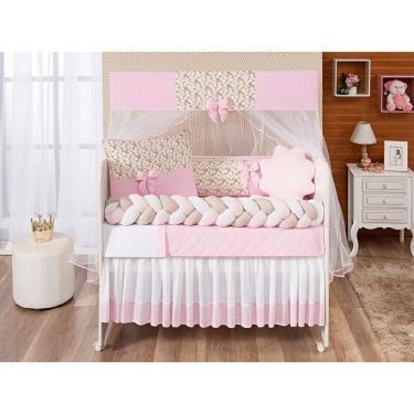 Imagem de Kit Berço Menina Rosa Doce Bebê Clássico Trançado 12 Peças