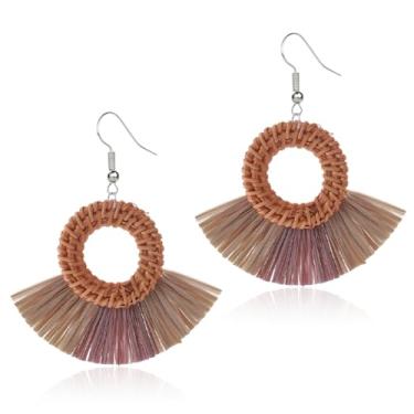 Imagem de QLYOVWE Brincos femininos de ráfia, boêmio, verão, praia, feitos à mão, moda de vime, franja, borla, brinco, leve, de palha, pingente, pingente, joia, presente boêmio, Standard, Ráfia, Sem pedra