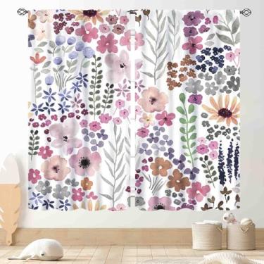 Imagem de Cortinas florais, aquarela, flores silvestres, primavera, rosa, plantas, botânicas, estéticas, rústicas, coloridas para janela, para sala de estar, quarto, cozinha, banheiro, 2 painéis, 106,7 x 114,3