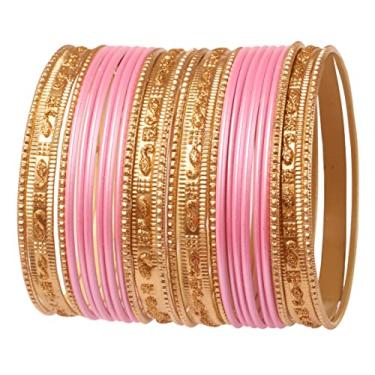 Imagem de Touchstone Coleção de pingentes coloridos de 2 dúzias de pulseiras de designer indianas de liga de Bollywood tamanho grande, conjunto de 60 cm tom dourado para mulheres. rosa