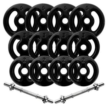 Imagem de Kit 40Kg em Anilhas Emborrachadas com 2 Barras Maciça Cromada de Rosca