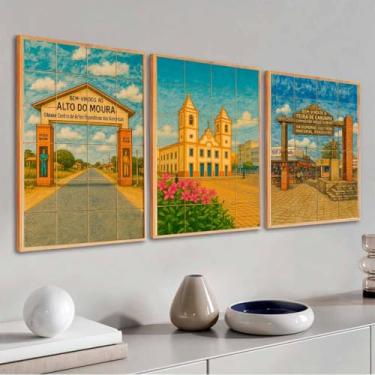 Imagem de Trio Quadro decorativo Nordeste - Trio Patrimônios de Caruaru; Artesanato nordestino, Pernambuco; Bahia; Paraíba; Ceará; Piauí, Alagoas; Mestre Vitalino; (Moldura Bege, 40x30, Emoldurado)
