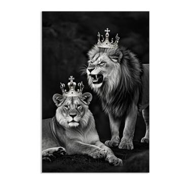 Imagem de Rei Leão preto e branco impressões em tela arte de parede leão e leoa com coroa imagem rei rainha pintura animal decoração 70 x 50 cm (28 x 20 pol) pôster