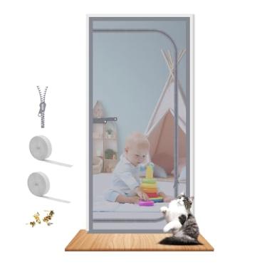 Imagem de Porta de tela reforçada para gatos serve para portas de tamanho 91 x 203 cm, porta de tela resistente à prova de animais de estimação com zíper, evita que cães e gatos saiam de casa (cinza)