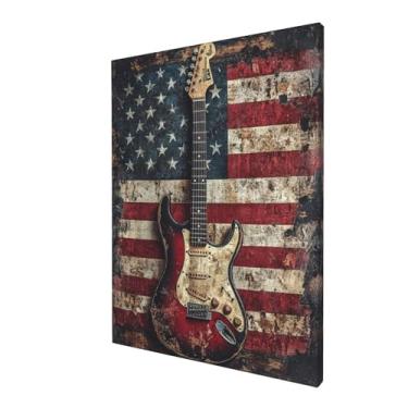 Imagem de Arte de parede em tela de guitarra pintura vintage bandeira americana imagens de guitarra emolduradas para cozinha, banheiro, quarto, sala de estar, escritório, música retrô, decoração de parede de