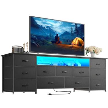 Imagem de Huuger Cômoda de 163 cm com tomadas elétricas e luzes de LED, suporte de TV para TV de 65, 70 polegadas, cômoda de 11 gavetas com armazenamento, centro de entretenimento, superfície de couro PU, preta