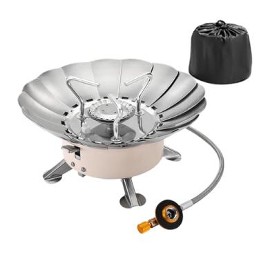 Imagem de Fogão de acampamento pequeno | Fogão de cozinha de acampamento | Queimador de cassete de aço inoxidável dobrável ajustável com escudo de flores de ignição piezoelétrica à prova de para passeios