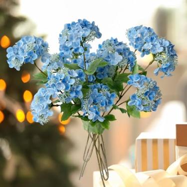 Imagem de JINWOE Pequenas hortênsias artificiais com flores azuis, 4 peças de flor de viburnum de arbusto de bola de neve de toque real, hortênsia sintética de látex realista para buquê, casa, mesa de