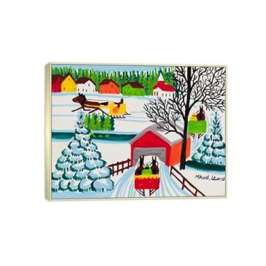 Imagem de Maud Lewis Famosa Pintura-Impressões em Tela Reprodução-Quadro Sala de Estar(Sleigh and Covered Bridge) 60x80cm-23x31in Moldura de Prata