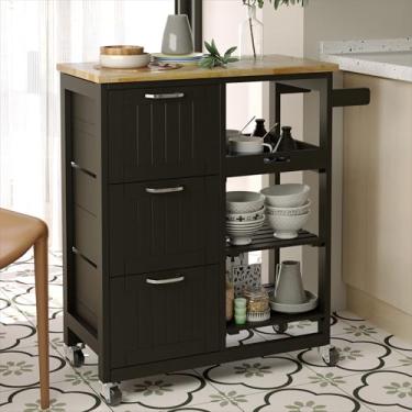 Imagem de Usinso Carrinho De Cozinha Com Ilha Pequena E Armazenamento, Balcão Rodinhas, 3 Gavetas Tampo Madeira Maciça, Prateleiras Em Camadas, Alças, Preto