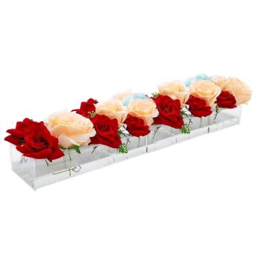 Imagem de Vaso de flores de acrílico retangular, 43 cm de comprimento retangular com 18 furos, vasos modernos florais baixos para centros de mesa de casamento e sala de jantar