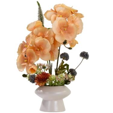 Imagem de LESING Arranjo de flores de orquídeas falsas em vaso, planta artificial de orquídea de seda sintética com vaso de cerâmica para decoração de casa de mesa (vaso branco, café claro)