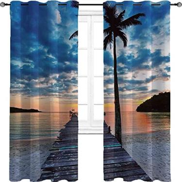 Imagem de Cortina blackout 90% Pier, prancha de madeira, palmeira trópica do oceano calmo e céu dramático, cortina de isolamento de cozinha com tratamento de sombreamento completo, L 182 x C 213 cm, azul claro