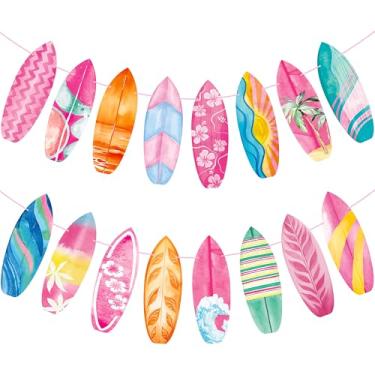 Imagem de Bandeiras de festa de surfe rosa surfe decorações de festa de aniversário para meninas verão praia havaiana surfe decorações de aniversário