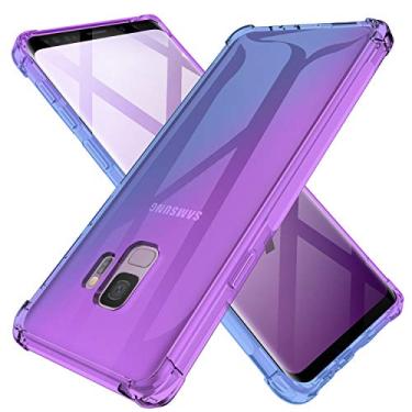 Imagem de KIOMY Capa transparente para Samsung Galaxy S9, airbags cantos, à prova de choque, capa protetora com design híbrido, parte traseira rígida de policarbonato + moldura flexível TPU roxo azul degradês