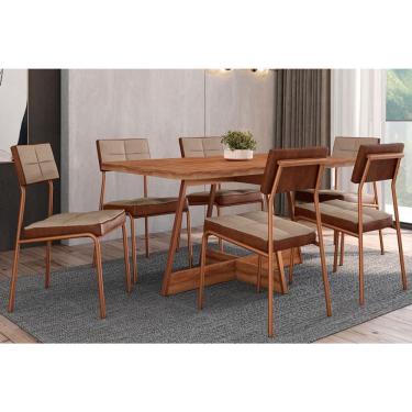 Imagem de Conjunto: Mesa de Cozinha Átria 1592 Aço c/ Tampo Madeirado 160x90cm e 6 Cadeiras Neo Rose/Freijo/Nogal - Rose/Areia - Caramelo - Carraro