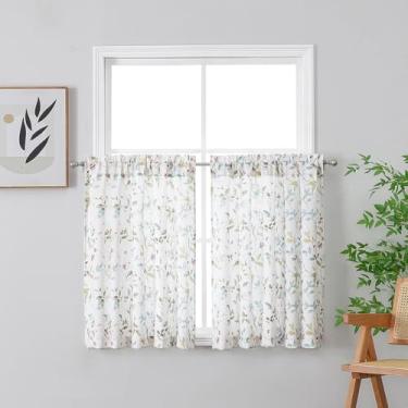 Imagem de Chyhomenyc Cortinas romanas de cozinha 91 cm de comprimento, mistura de linho com filtragem leve texturizada, cortinas de janela pequenas sobre a pia, cortina curta com estampa floral de folhas para