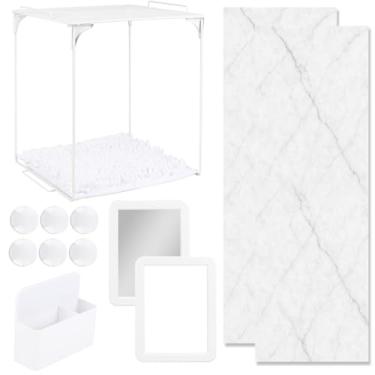 Imagem de AUECOOME O kit organizador de armário e acessórios de armário inclui prateleira, tapete, espelho, quadro branco, copo de armazenamento e papel de parede magnético, acessório de armário rosa para
