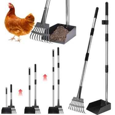 Imagem de BABORUI Kit de pá de cocô de galinha de metal – altura ajustável de 38 a 96 cm, conjunto de ancinho e pá resistente para limpeza de galinheiros, pá removível de aço inoxidável para acessórios de