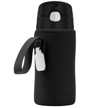 Imagem de Linkidea Manga para garrafa de água compatível com Thermos FUNTAINER Tritan 473 ml, garrafa infantil de aço de 340 g, bolsa com suporte para garrafa de água com etiqueta de nome, preta
