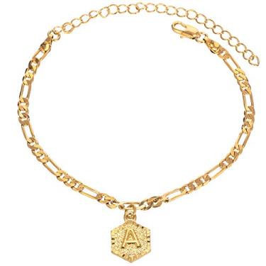 Imagem de Pulseiras de tornozelo com inicial para mulheres e homens, pulseira de ouro 18K prata fígaro elos cubanos tornozeleira para mulheres adolescentes, nome personalizado tornozeleira dourada com iniciais
