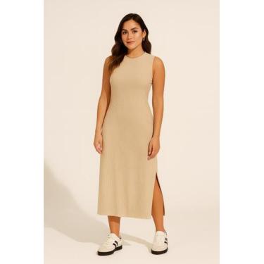 Imagem de Vestido Midi Feminino Canelado com Fenda - Cacharrel Store, Bege, GG