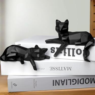 Imagem de Estátua de gato para decoração de estante, estatuetas geométricas modernas de gato para sala de estar, prateleiras de escritório, mesa de centro, decoração de mesa – conjunto de 2 estátuas