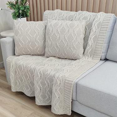 Imagem de Kit Manta Tricot Luxo 150x120cm + 2 Almofadas com Enchimento | Zíper Invisível | Fibra Siliconada | Sofá Sala | Xale Decorativo Elegante G05 (Bege Papiro)