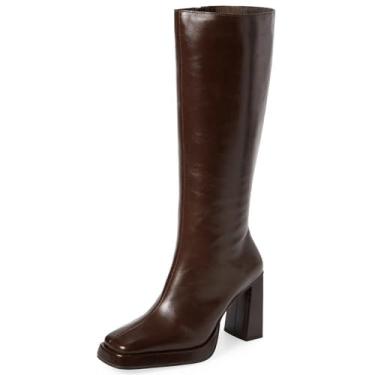 Imagem de Dsevht Botas femininas de couro preto na altura do joelho plataforma salto bloco grosso botas longas bico quadrado e design de zíper lateral vestido moderno 70 bota Gogo, Marrom, 35