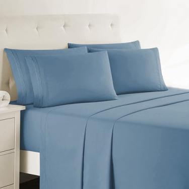 Imagem de Clara Clark Lençóis Cal King - Lençóis de cama de luxo de hotel de 6 peças para cama king size Cal - Lençóis macios e fronhas, cabe em colchões de até 40,6 cm de profundidade. California King, azul