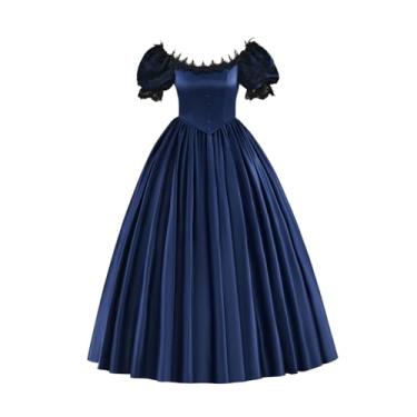 Imagem de CosplayDiy Vestido feminino rococó com manga de renda, vestido vitoriano, histórico, fantasia da Guerra Civil, Azul, 3G