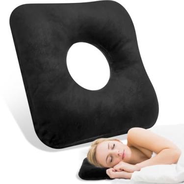 Imagem de Travesseiro de piercing de orelha para pessoas que dormem de lado com orifício de orelha, fibra superfina, algodão, design oco, suporte forte, portátil, para casa, escritório, viagens (preto)