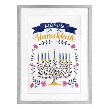 Imagem de Stupell Industries Estampa floral Menorah Happy Hanukkah cinza emoldurada sob vidro design por JJ Design House LLC, 50 x 35,5 cm