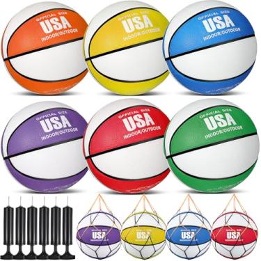 Imagem de Motionchic 6 peças de basquete de borracha tamanho oficial basquete com bomba para treinamento interno ao ar livre bola de rua para prática jovens crianças adolescentes adultos estudantes de volta às