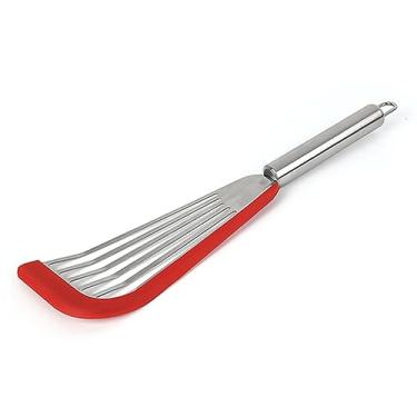 Imagem de esmen Espátula de aço inoxidável vazada com borda de silicone grande para fritar carne, conjunto de utensílios de cozinha, vermelho