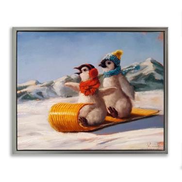 Imagem de Stupell Industries Toboggan Sleigh Ride Penguins Gray Framed Floater Canvas Wall Art Design por Lucia Heffernan, 17 x 21