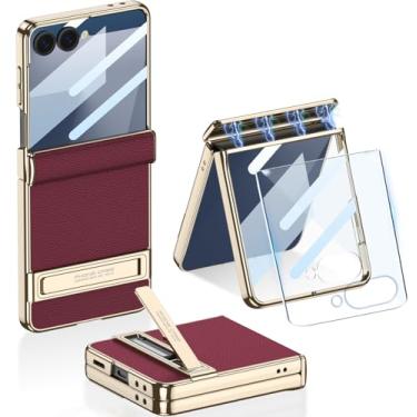 Imagem de Capa de couro para Samsung Galaxy Z Flip 7 com suporte invisível e protetor de tela integrado e proteção magnética de dobradiça, capa de couro PU à prova de choque para Samsung Z Flip 7 (vermelho)