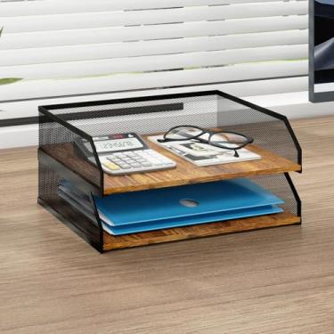 Imagem de Natwind Bandeja de papel empilhável de 2 camadas, organizador de mesa de malha de metal, classificador de papel, bandejas de cartas, rack de armazenamento de documentos para casa, escritório, escola