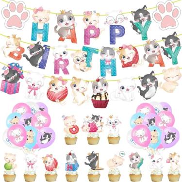 Imagem de umoni Decoração De Festa De Aniversário De Gato Fofo Desenho Animado Padrão De Gatinho Faixa De Feliz Aniversário Guirlanda Balões De Folha De Látex Bolo Toppers De Cupcake Para Gato Gatinho Tema Fest
