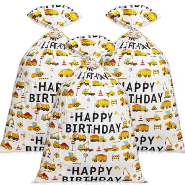 Imagem de 1 bolsa de presente de aniversário extra grande impressa para veículos de engenharia infantil escavadeira, 94 x 142 cm, sacos de presente jumbo para meninos, crianças, festa de aniversário