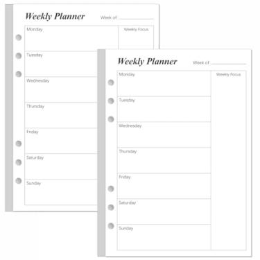 Imagem de (Pacote com 2) Recargas de agenda semanal para fichários A5 - 106 folhas/212 páginas, planejador semanal sem data, perfurado com 6 furos, papel branco de 100 g/m², dura 1 ano, sem data, 14,7 cm x 21