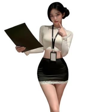 Imagem de SENJIY Lingerie sexy de secretária para mulheres, vestido de escritório, fantasia de cosplay de professor, blusa de uniforme OL, saia curta, roupa íntima, body anime, conjunto de Babydoll branco e