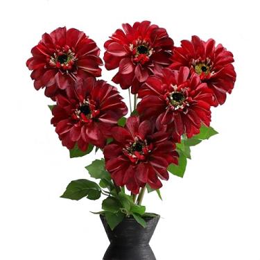 Imagem de GLSATEMAN Pacote com 6 flores artificiais de zinnia, mistura preta vinho profundo, 62 cm de comprimento, flor grande com botão, flores de seda dobráveis DIY para decoração de casa (mistura preta bordô